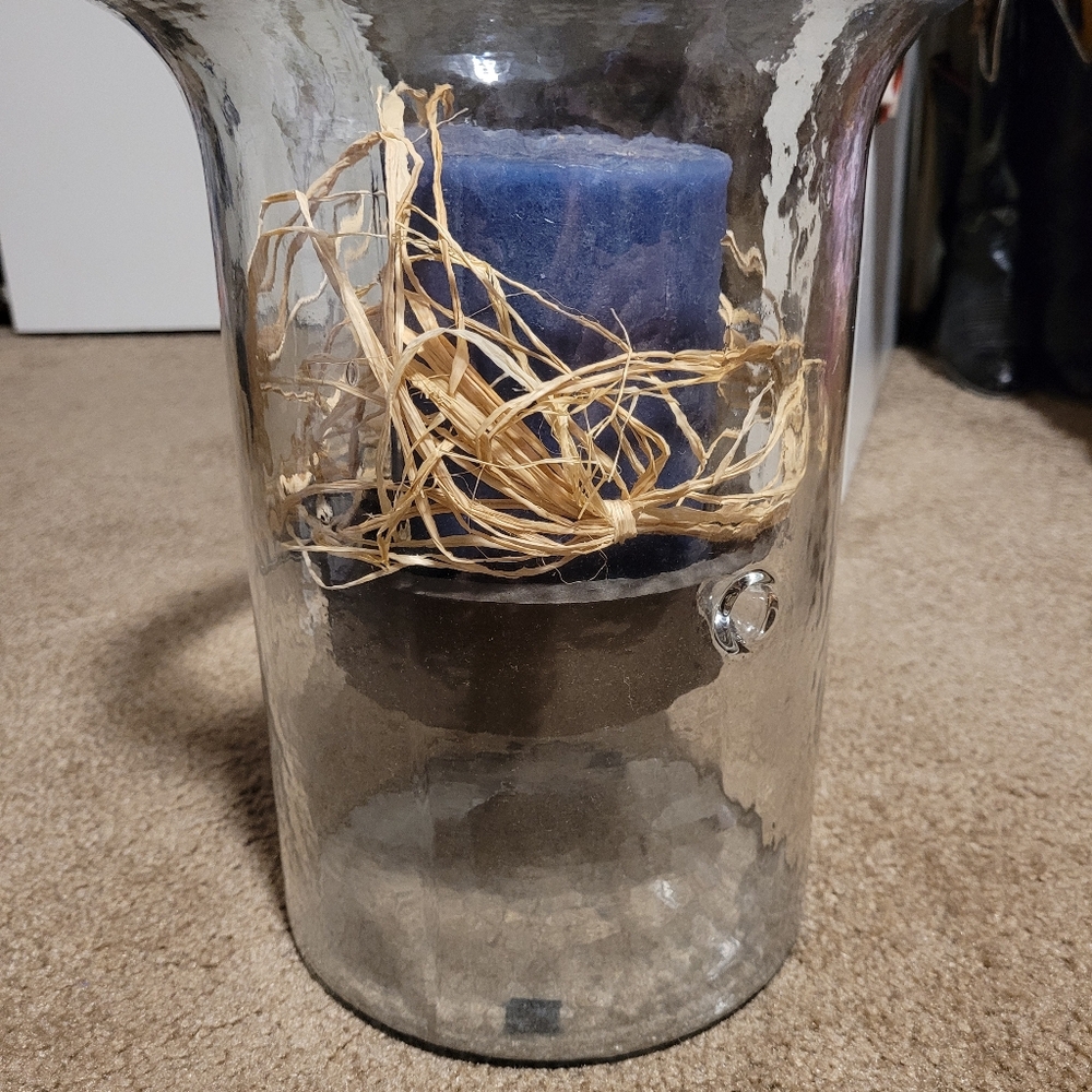 Glass Hurricane Pillar Candle Holder with Rustic Metal insert